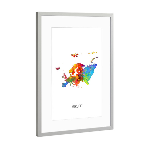 Poster mit Rahmen Silber "Europe Watercolor Map" artboxONE - Kartografie - Europe,Map,Watercolor,Painting