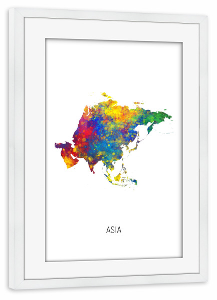 Poster mit Rahmen weiß "Asia Watercolor Map" artboxONE - Kartografie - Asia,Map,Watercolor,Painting