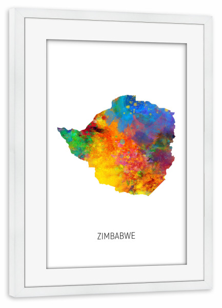 Poster mit Rahmen weiß "Zimbabwe Watercolor Map" artboxONE - Kartografie - Zimbabwe,Map,Watercolor,Painting