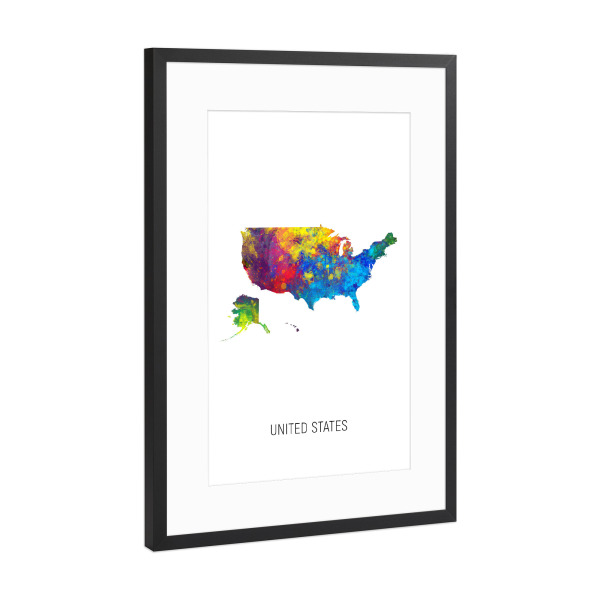 Poster mit Rahmen Schwarz (Metallic) "United States Watercolor Map" artboxONE - Kartografie - United states,Map,Watercolor,Painting