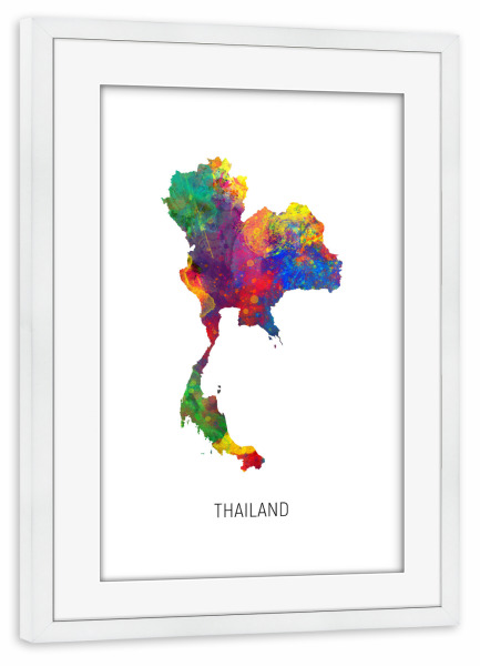 Poster mit Rahmen weiß "Thailand Watercolor Map" artboxONE - Kartografie - Thailand,Map,Watercolor,Painting