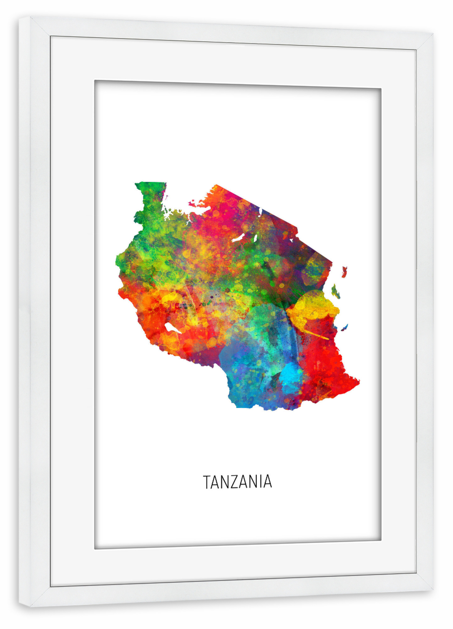 Poster mit Rahmen weiß "Tanzania Watercolor Map" artboxONE - Kartografie - Tanzania,Map,Watercolor,Painting