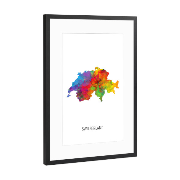 Poster mit Rahmen Schwarz (Metallic) "Switzerland Watercolor Map" artboxONE - Kartografie - Switzerland,Map,Watercolor,Painting