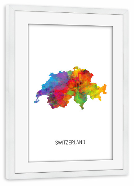 Poster mit Rahmen weiß "Switzerland Watercolor Map" artboxONE - Kartografie - Switzerland,Map,Watercolor,Painting