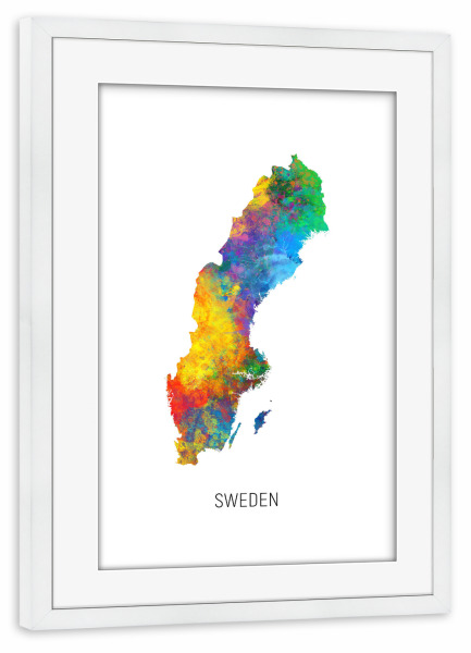Poster mit Rahmen weiß "Sweden Watercolor Map" artboxONE - Kartografie - Sweden,Map,Watercolor,Painting