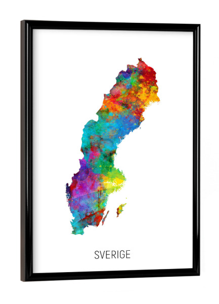 Poster mit schwarzem Rahmen "Sverige Watercolor Map" artboxONE - Kartografie - Sverige,Map,Watercolor,Painting