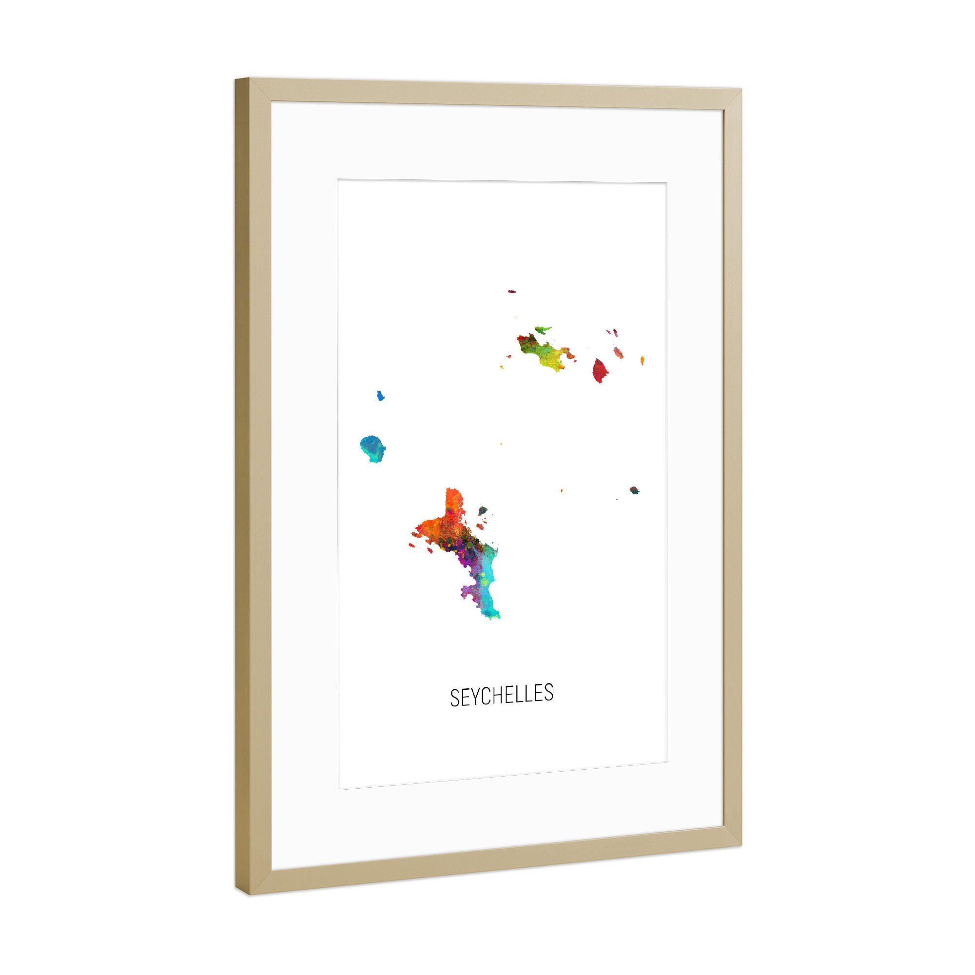 Poster mit Rahmen Gold "Seychelles Watercolor Map" artboxONE - Kartografie - Seychelles,Map,Watercolor,Painting