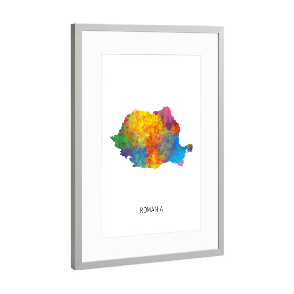 Poster mit Rahmen Silber "Romania Watercolor Map" artboxONE - Kartografie - Romania,Map,Watercolor,Painting