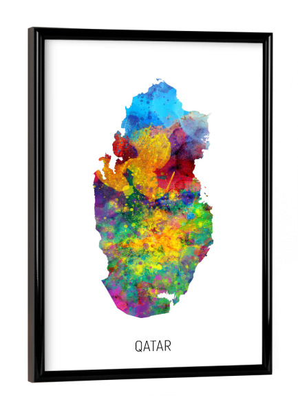 Poster mit schwarzem Rahmen "Qatar Watercolor Map" artboxONE - Kartografie - Qatar,Map,Watercolor,Painting
