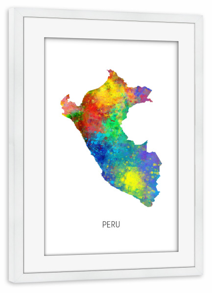 Poster mit Rahmen weiß "Peru Watercolor Map" artboxONE - Kartografie - Peru,Map,Watercolor,Painting