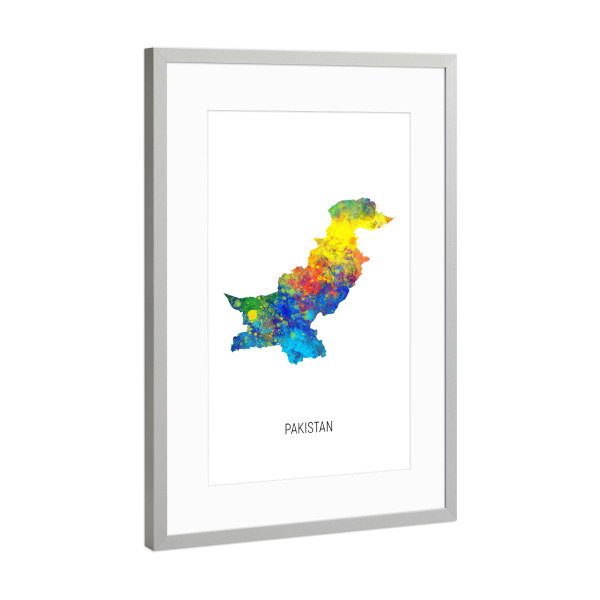 Poster mit Rahmen Silber "Pakistan Watercolor Map" artboxONE - Kartografie - Pakistan,Map,Watercolor,Painting