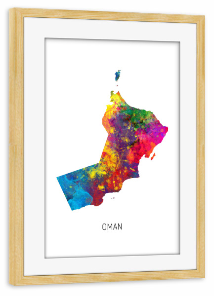 Poster mit Rahmen kiefer "Oman Watercolor Map" artboxONE - Kartografie - Oman,Map,Watercolor,Painting