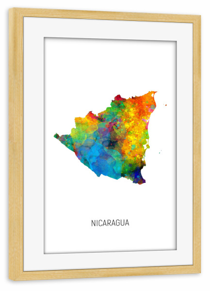 Poster mit Rahmen kiefer "Nicaragua Watercolor Map" artboxONE - Kartografie - Nicaragua,Map,Watercolor,Painting