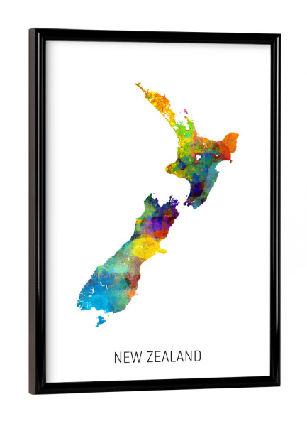 Poster mit schwarzem Rahmen "New Zealand Watercolor Map" artboxONE - Kartografie - New zealand,Map,Watercolor,Painting