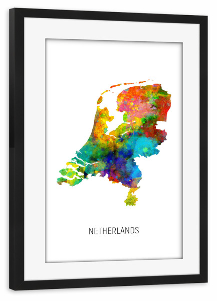Poster mit Rahmen schwarz "Netherlands Watercolor Map" artboxONE - Kartografie - Netherlands,Map,Watercolor,Painting