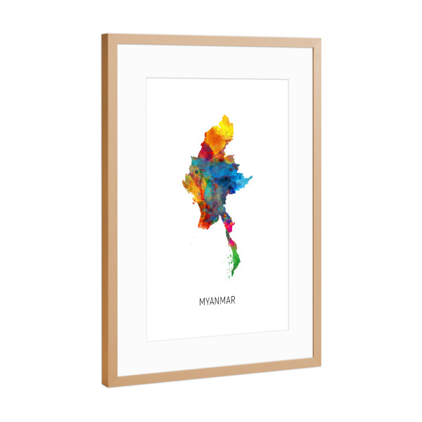 Poster mit Rahmen Kupfer "Myanmar Watercolor Map" artboxONE - Kartografie - Myanmar,Map,Watercolor,Painting