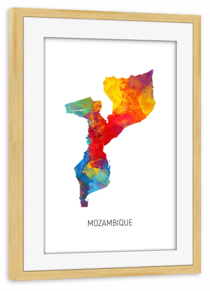 Poster mit Rahmen kiefer "Mozambique Watercolor Map" artboxONE - Kartografie - Mozambique,Map,Watercolor,Painting