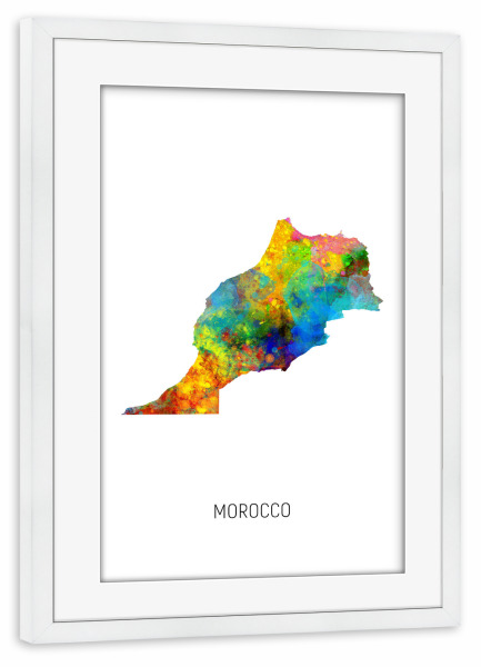 Poster mit Rahmen weiß "Morocco Watercolor Map" artboxONE - Kartografie - Morocco,Map,Watercolor,Painting