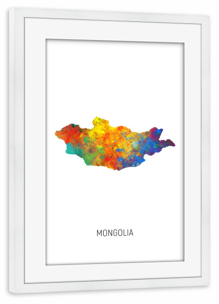 Poster mit Rahmen weiß "Mongolia Watercolor Map" artboxONE - Kartografie - Mongolia,Map,Watercolor,Painting