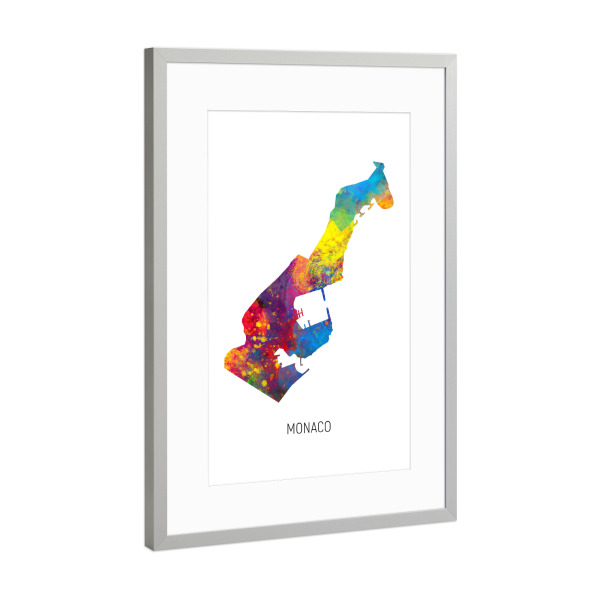 Poster mit Rahmen Silber "Monaco Watercolor Map" artboxONE - Kartografie - Monaco,Map,Watercolor,Painting