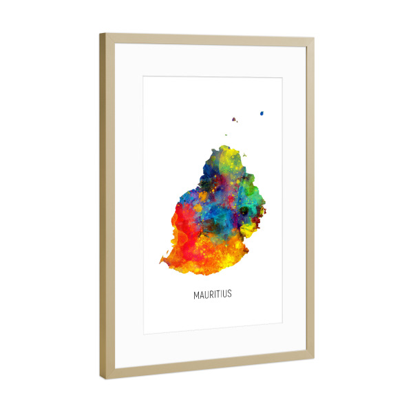 Poster mit Rahmen Gold "Mauritius Watercolor Map" artboxONE - Kartografie - Mauritius,Map,Watercolor,Painting