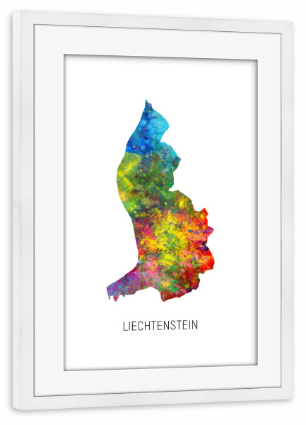 Poster mit Rahmen weiß "Liechtenstein Watercolor Map" artboxONE - Kartografie - Liechtenstein,Map,Watercolor,Painting