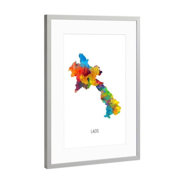 Poster mit Rahmen Silber "Laos Watercolor Map" artboxONE - Kartografie - Laos,Map,Watercolor,Painting