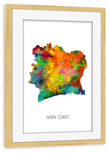 Poster mit Rahmen kiefer "Ivory Coast Watercolor Map" artboxONE - Kartografie - Ivory coast,Map,Watercolor,Painting