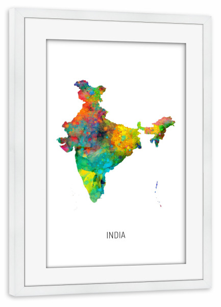 Poster mit Rahmen weiß "India Watercolor Map" artboxONE - Kartografie - India,Map,Watercolor,Painting