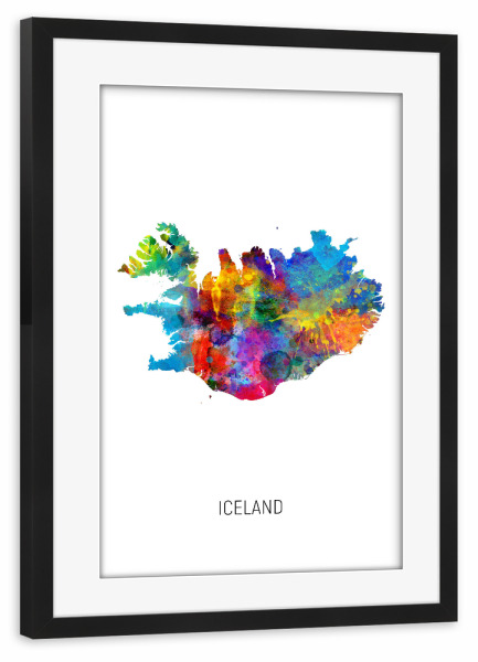 Poster mit Rahmen schwarz "Iceland Watercolor Map" artboxONE - Kartografie - Iceland,Map,Watercolor,Painting
