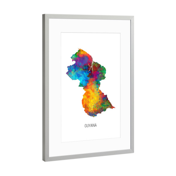 Poster mit Rahmen Silber "Guyana Watercolor Map" artboxONE - Kartografie - Guyana,Map,Watercolor,Painting