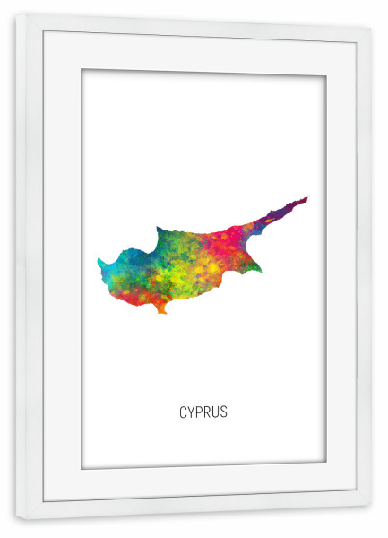 Poster mit Rahmen weiß "Cyprus Watercolor Map" artboxONE - Kartografie - Cyprus,Map,Watercolor,Painting