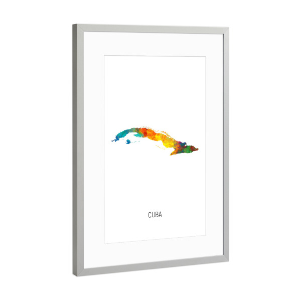 Poster mit Rahmen Silber "Cuba Watercolor Map" artboxONE - Kartografie - Cuba,Map,Watercolor,Painting
