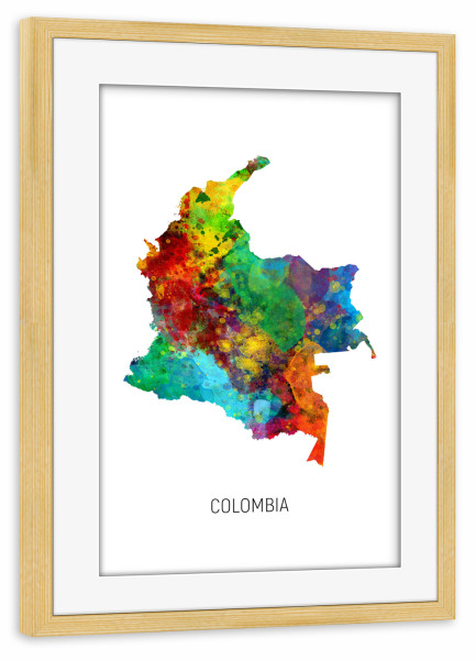 Poster mit Rahmen kiefer "Colombia Watercolor Map" artboxONE - Kartografie - Colombia,Stadtkarte,Map,Watercolor,Painting
