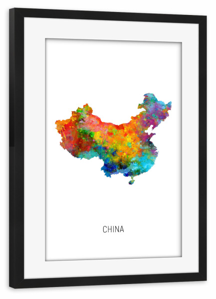 Poster mit Rahmen schwarz "China Watercolor Map" artboxONE - Kartografie - China,Stadtkarte,Map,Watercolor,Painting