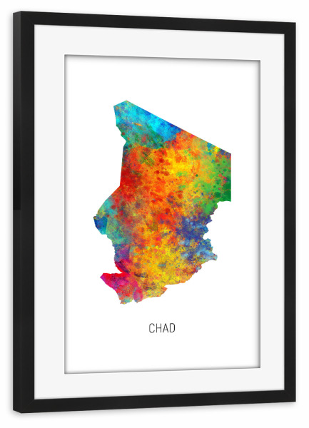 Poster mit Rahmen schwarz "Chad Watercolor Map" artboxONE - Kartografie - Chad,Stadtkarte,Map,Watercolor,Painting
