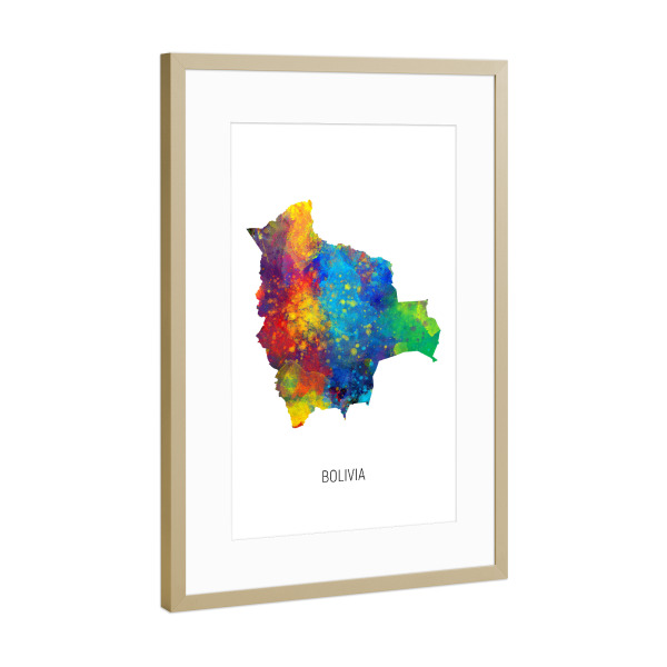 Poster mit Rahmen Gold "Bolivia Watercolor Map" artboxONE - Kartografie - Bolivia,Stadtkarte,Map,Watercolor,Painting