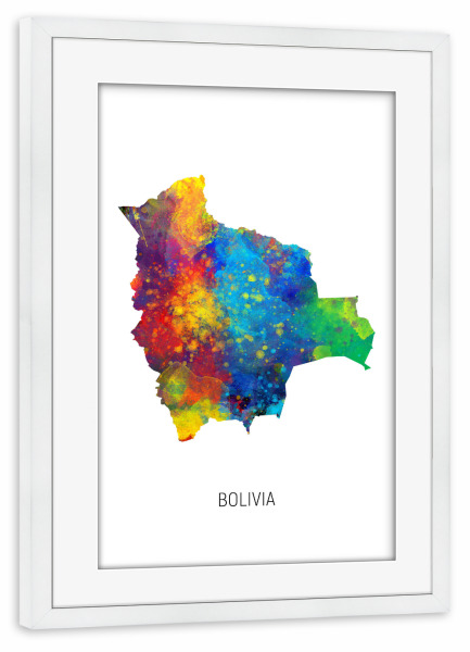 Poster mit Rahmen weiß "Bolivia Watercolor Map" artboxONE - Kartografie - Bolivia,Stadtkarte,Map,Watercolor,Painting