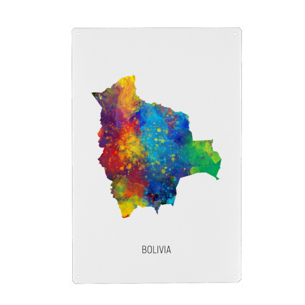 Metall Poster "Bolivia Watercolor Map" artboxONE - Kartografie - Bolivia,Stadtkarte,Map,Watercolor,Painting - Blechschild