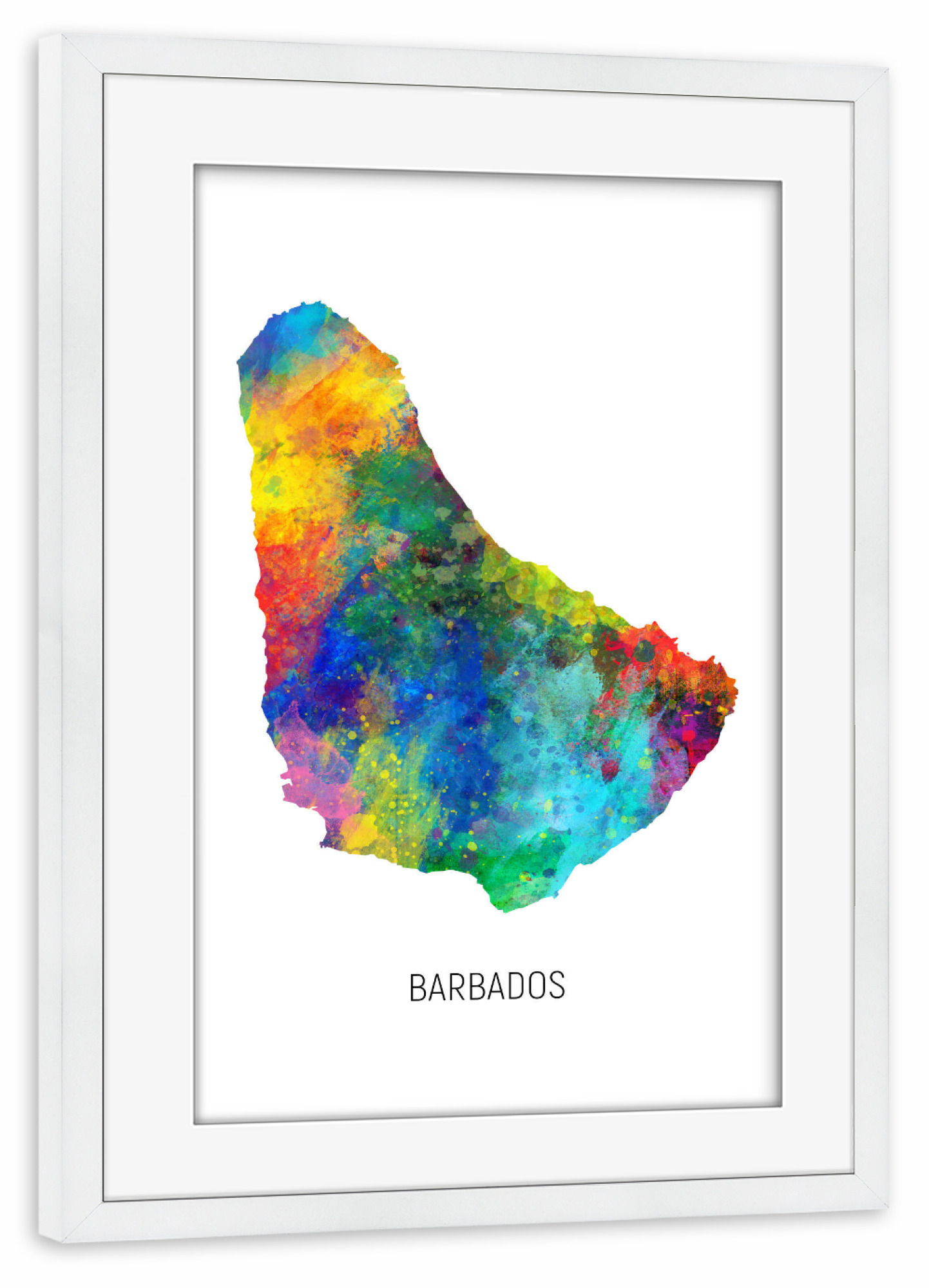 Poster mit Rahmen weiß "Barbados Watercolor Map" artboxONE - Kartografie - Barbados,Stadtkarte,Map,Watercolor,Painting