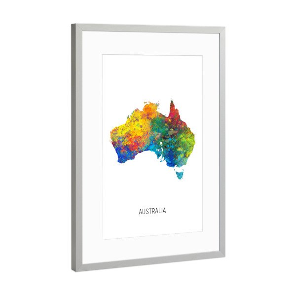 Poster mit Rahmen Silber "Australia Watercolor Map" artboxONE - Kartografie - Australia,Stadtkarte,Map,Watercolor,Painting