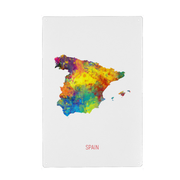 Metall Poster "Spain Watercolor Map" artboxONE - Kartografie - Spain,Stadtkarte,Map,Watercolor,Painting - Blechschild