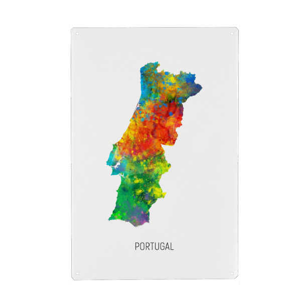 Metall Poster "Portugal Watercolor Map" artboxONE - Kartografie - Portugal,Stadtkarte,Map,Watercolor,Painting - Blechschild