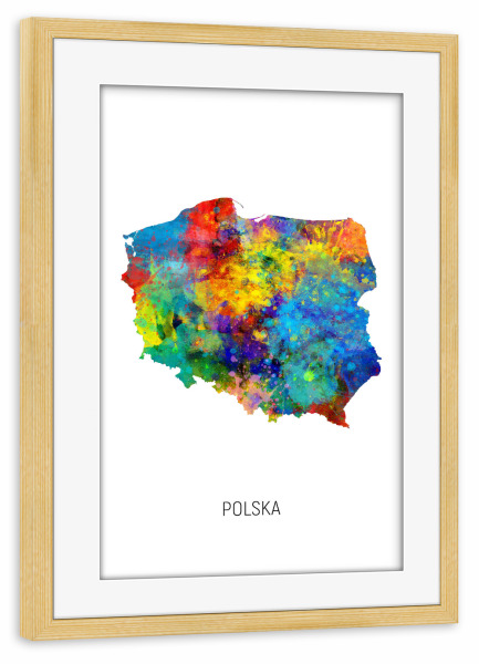 Poster mit Rahmen kiefer "Polska Watercolor Map" artboxONE - Kartografie - Polska,Stadtkarte,Map,Watercolor,Painting