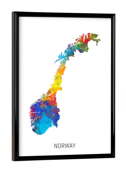 Poster mit schwarzem Rahmen "Norway Watercolor Map" artboxONE - Kartografie - Norway,Stadtkarte,Map,Watercolor,Painting
