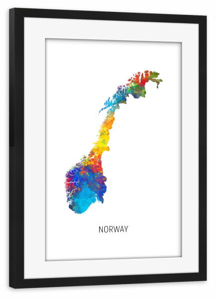 Poster mit Rahmen schwarz "Norway Watercolor Map" artboxONE - Kartografie - Norway,Stadtkarte,Map,Watercolor,Painting