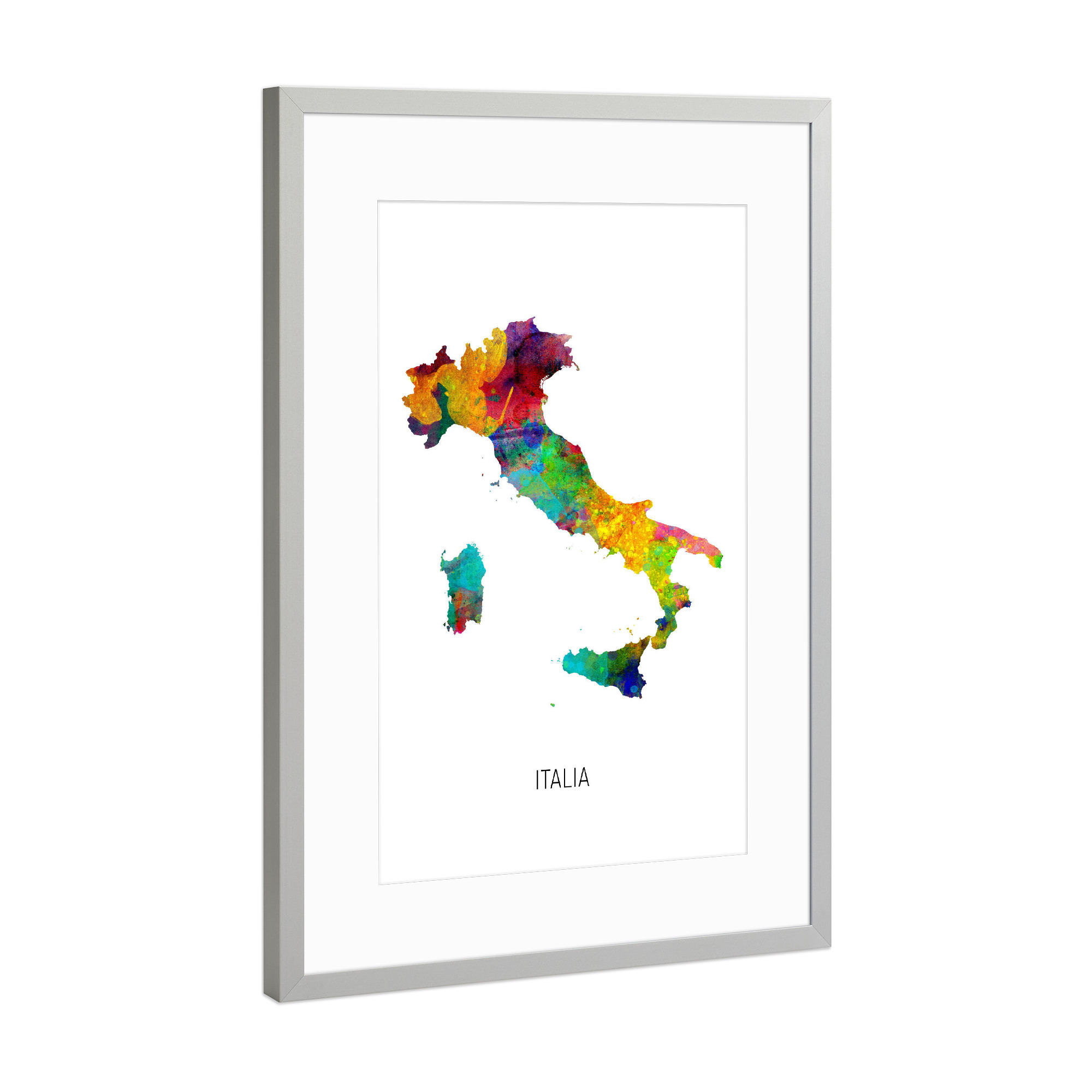 Poster mit Rahmen Silber "Italia Watercolor Map" artboxONE - Kartografie - Italia,Stadtkarte,Map,Watercolor,Painting