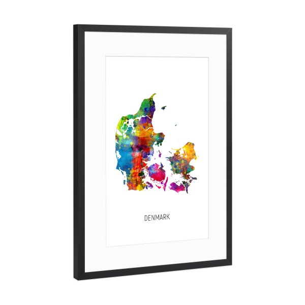 Poster mit Rahmen Schwarz (Metallic) "Denmark Watercolor Map" artboxONE - Kartografie - Denmark,Stadtkarte,Map,Watercolor,Painting