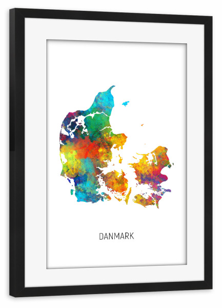Poster mit Rahmen schwarz "Danmark Watercolor Map" artboxONE - Kartografie - Danmark,Stadtkarte,Map,Watercolor,Painting
