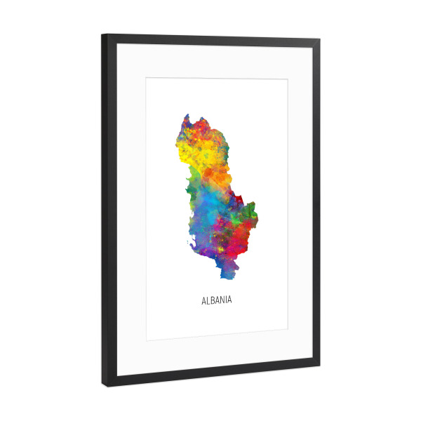Poster mit Rahmen Schwarz (Metallic) "Albania Watercolor Map" artboxONE - Kartografie - Albania,Stadtkarte,Map,Watercolor,Painting